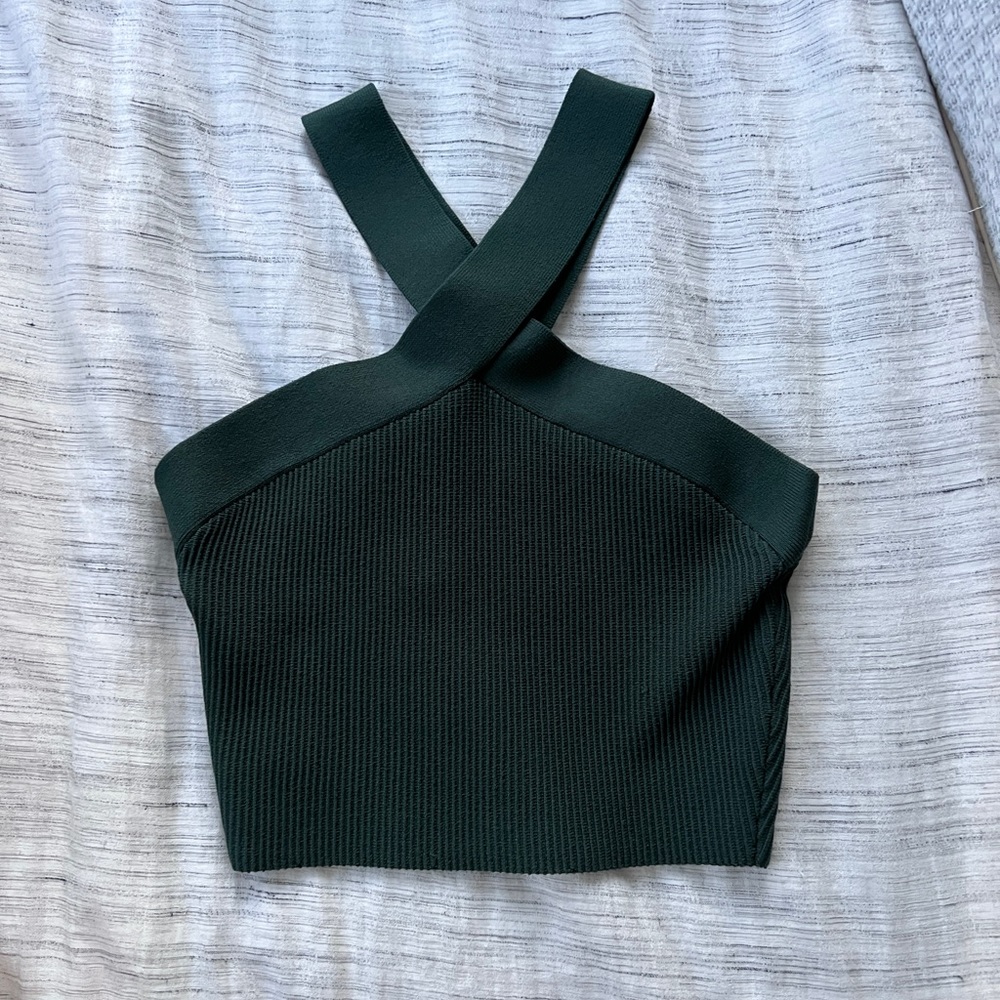 Dark Green Cross-Strap Ribbed Crop Top
